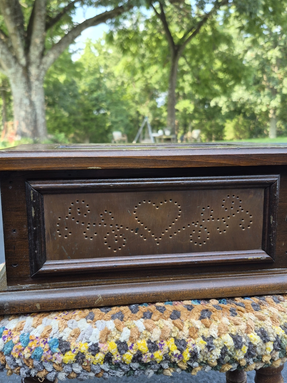 Vintage Wooden Tissue Box Cover with Punched Copper Heart Panel